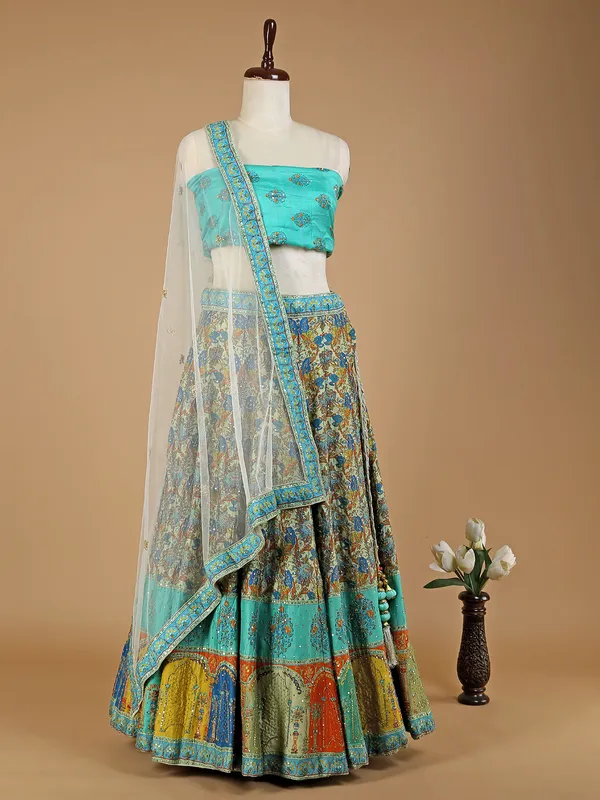 Green shaded silk printed lehenga choli