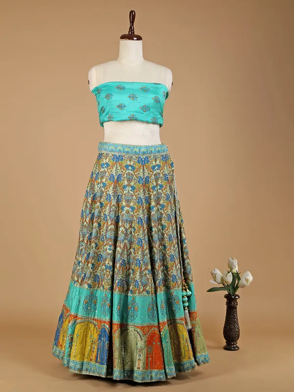 Green shaded silk printed lehenga choli