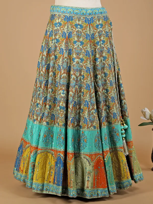Green shaded silk printed lehenga choli