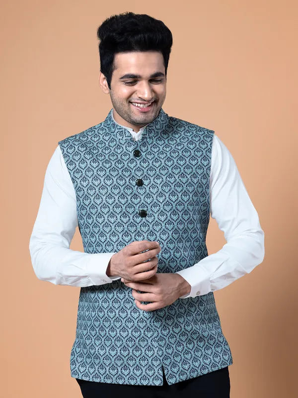 Green shaded silk printed waistcoat