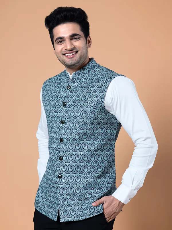 Green shaded silk printed waistcoat