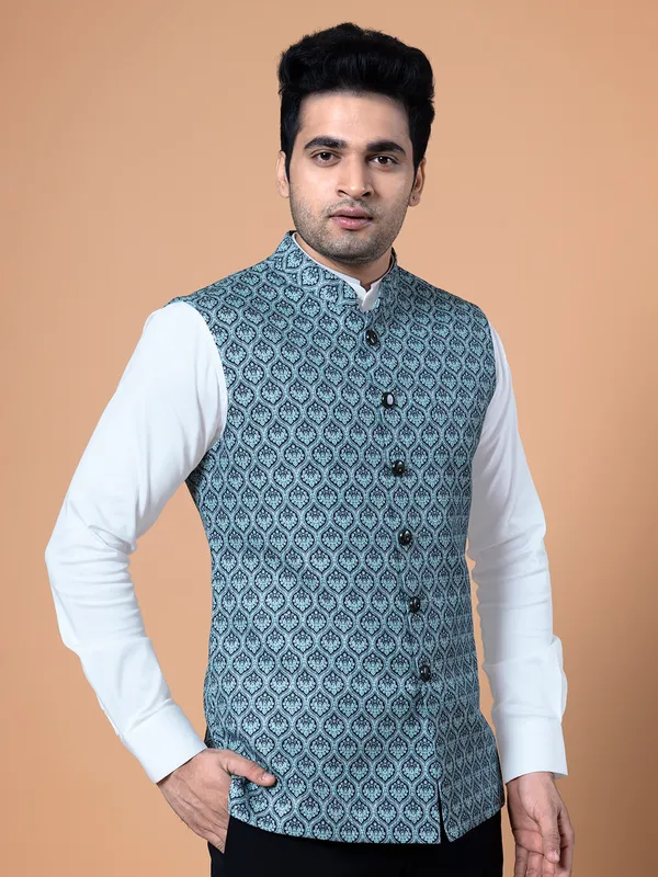 Green shaded silk printed waistcoat
