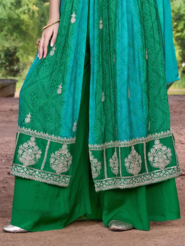Green silk anarkali palazzo suit with zardosi accents