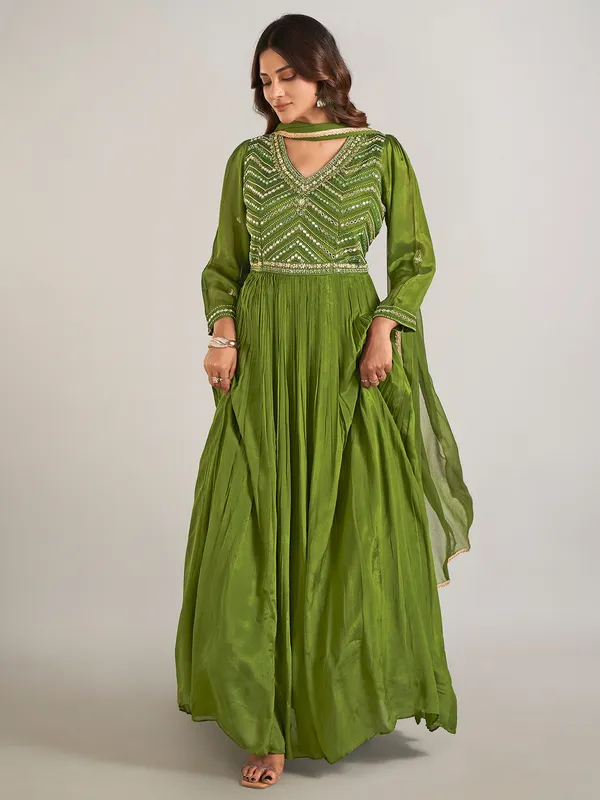 Green silk anarkali suit with dupatta