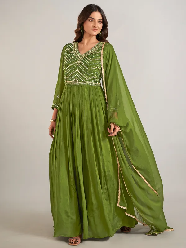 Green silk anarkali suit with dupatta