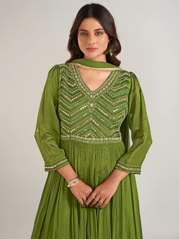 Green silk anarkali suit with dupatta