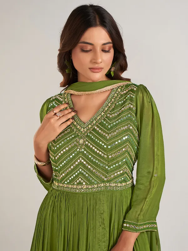 Green silk anarkali suit with dupatta