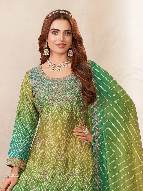 Green silk bandhani printed palazzo suit