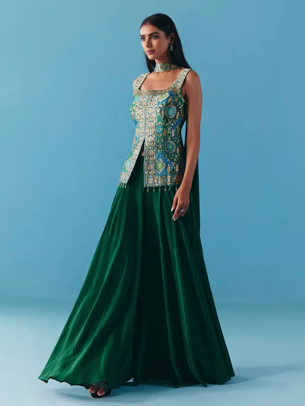 Green silk cutdana palazzo suit