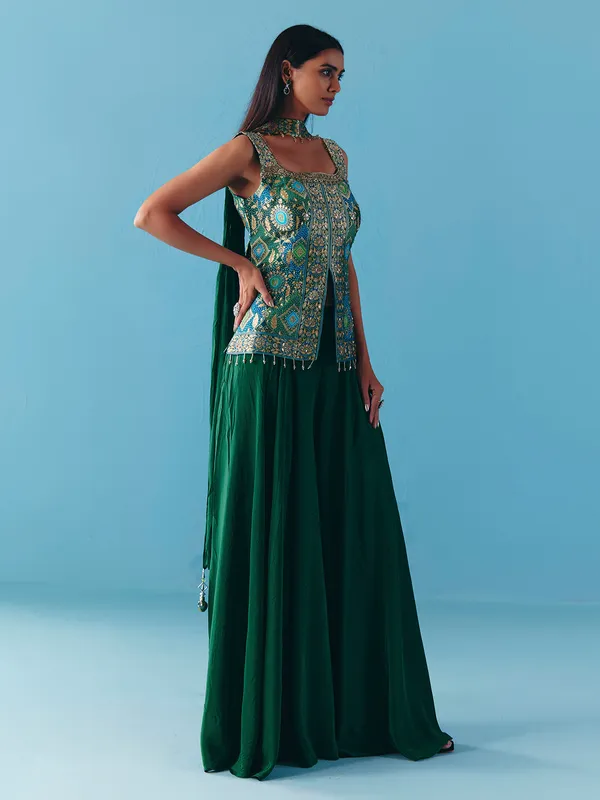Green silk cutdana palazzo suit