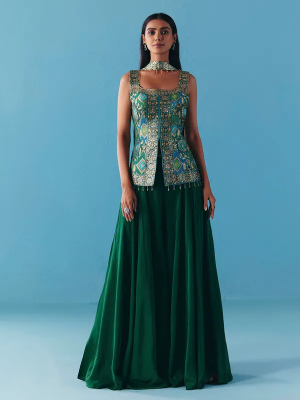 Green silk cutdana palazzo suit