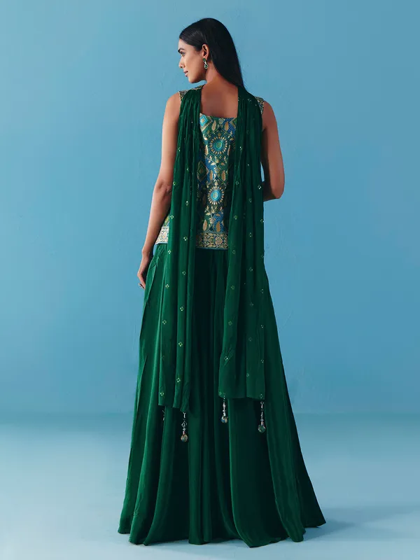 Green silk cutdana palazzo suit