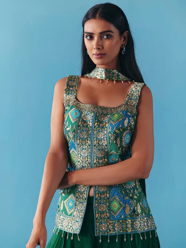 Green silk cutdana palazzo suit
