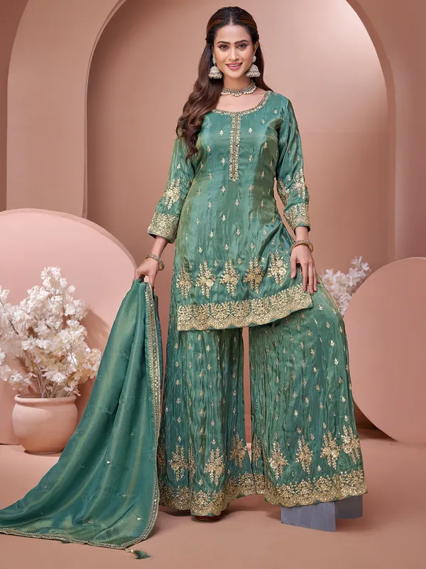 Green silk festive wear palazzo suit for women