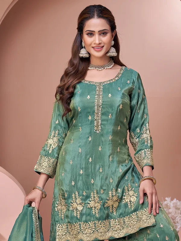 Green silk festive wear palazzo suit for women