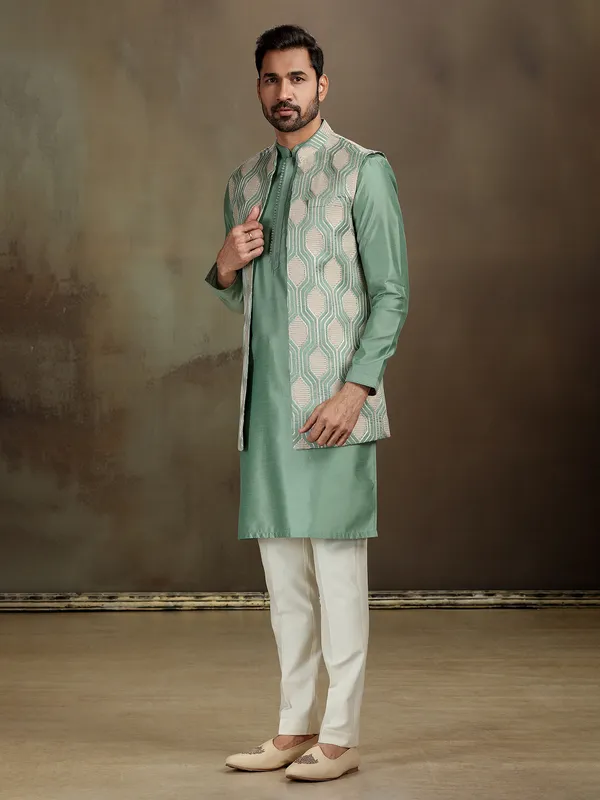 Green silk gota embroidered waistcoat set