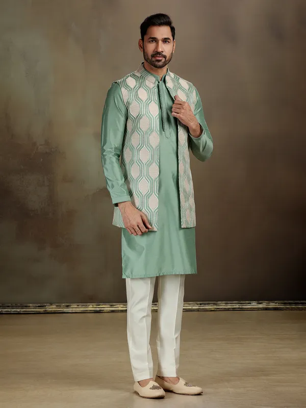 Green silk gota embroidered waistcoat set
