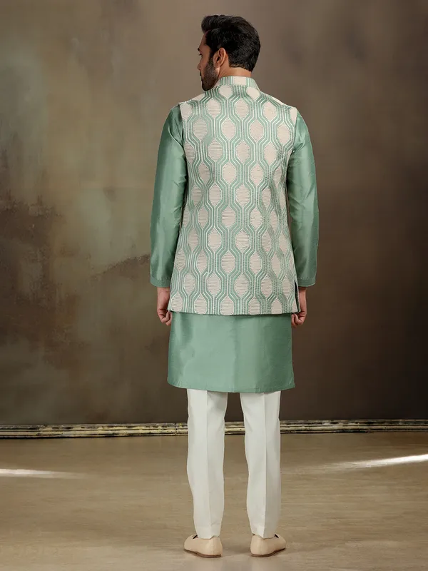 Green silk gota embroidered waistcoat set