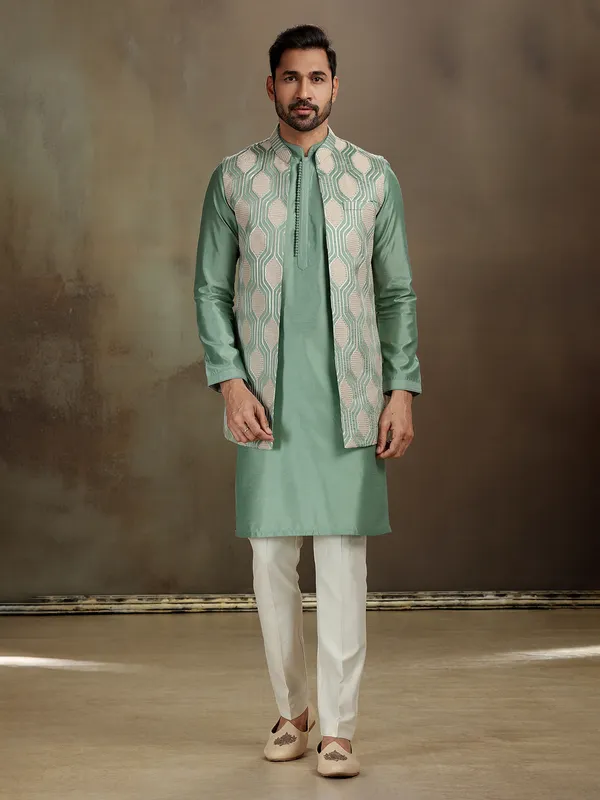 Green silk gota embroidered waistcoat set