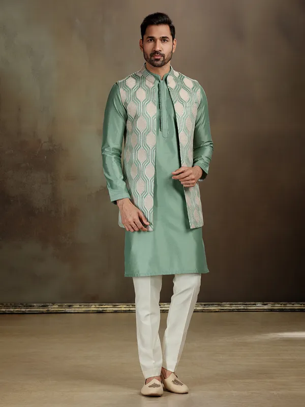 Green silk gota embroidered waistcoat set