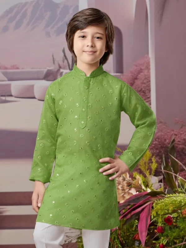 Green silk kurta set with elegant sparkle