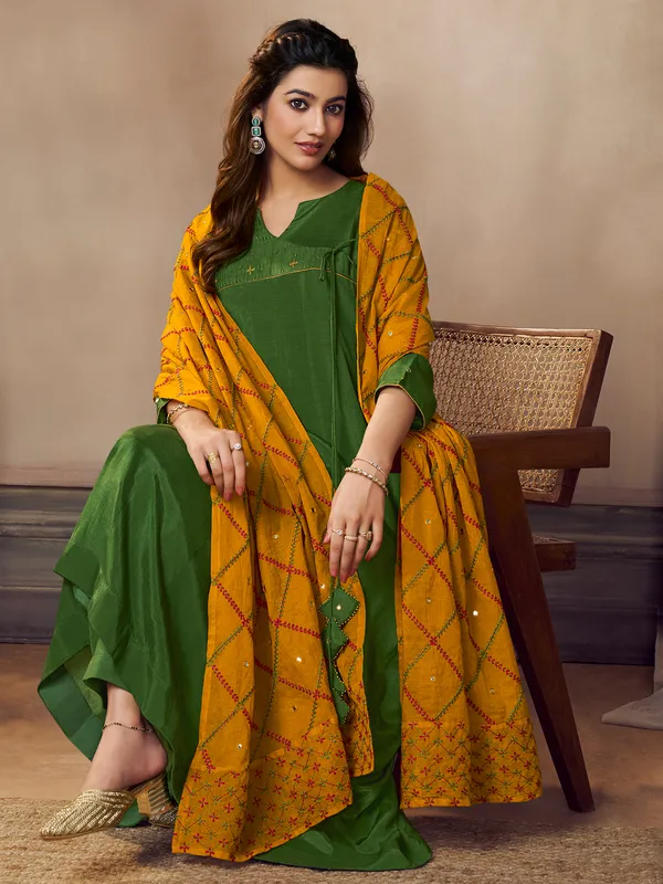 Green silk kurti set with thread work