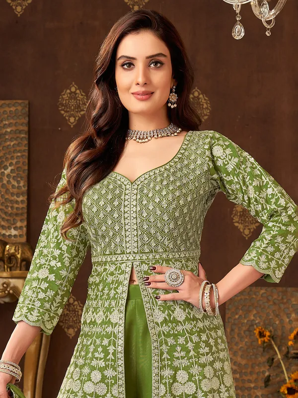 Green silk palazzo suit with resham work