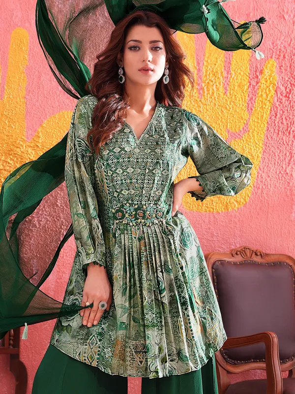 Green silk palazzo suit with zardosi embellishments