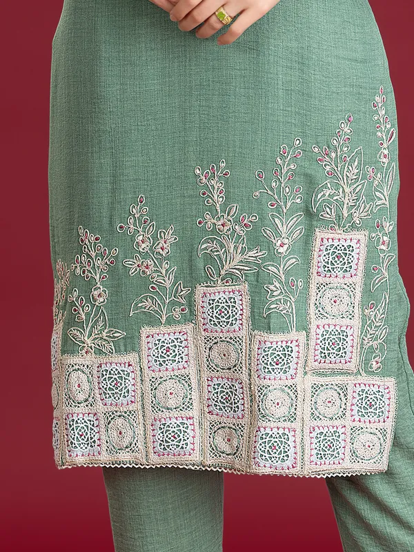 Green silk pant kurti with thread accents