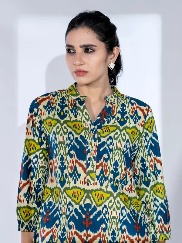 Green silk printed co-ord set for women