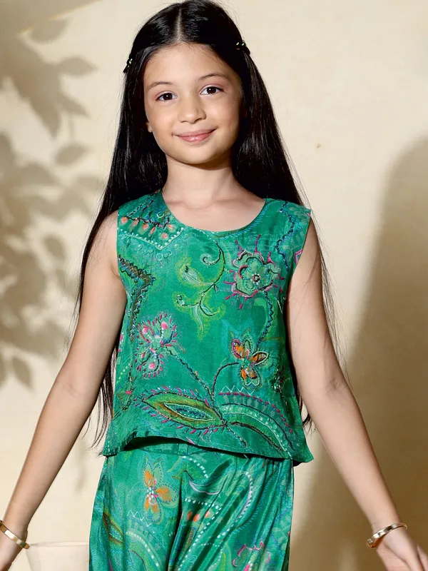 Green silk printed co ord set with beads work