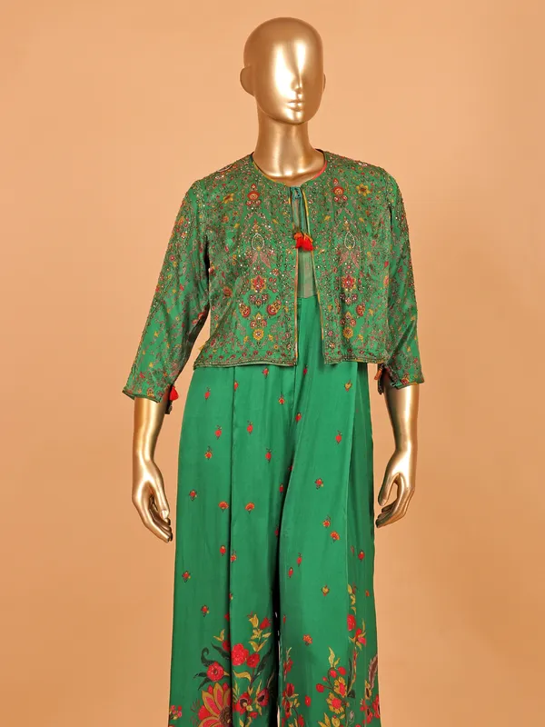 Green silk printed jacket style palazzo suit