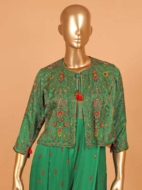Green silk printed jacket style palazzo suit