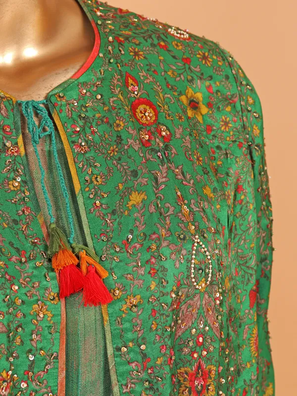 Green silk printed jacket style palazzo suit