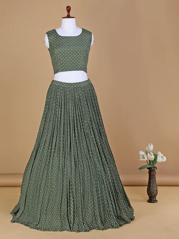 Green silk printed lehenga choli with long jacket