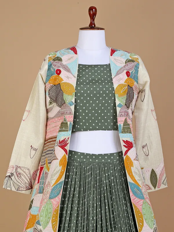 Green silk printed lehenga choli with long jacket