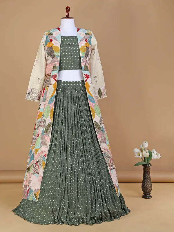 Green silk printed lehenga choli with long jacket