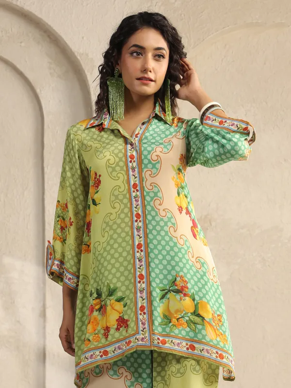 Green silk printed palazzo co prd set