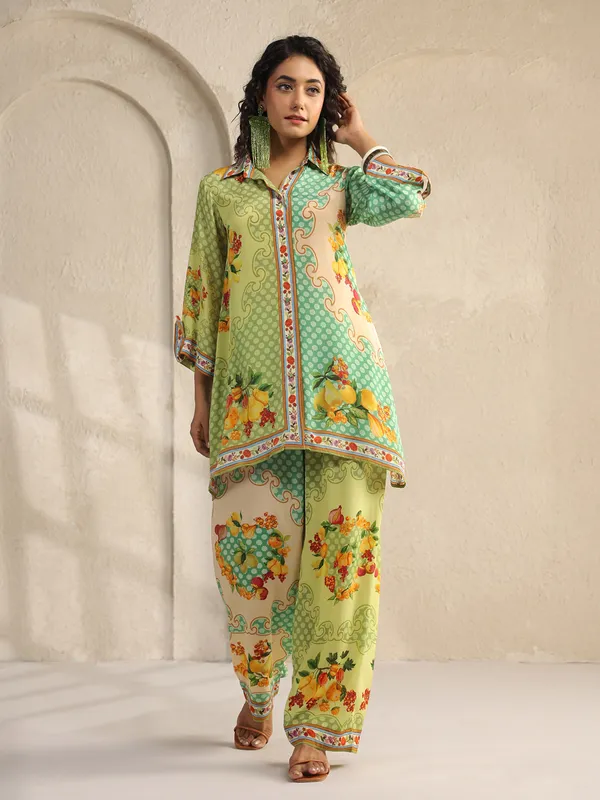 Green silk printed palazzo co prd set