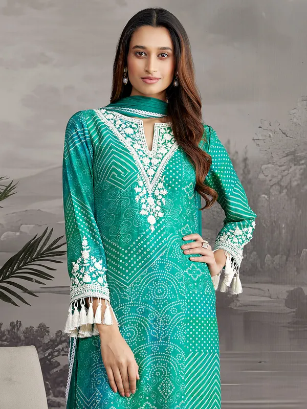 Green silk printed salwar suit for festive