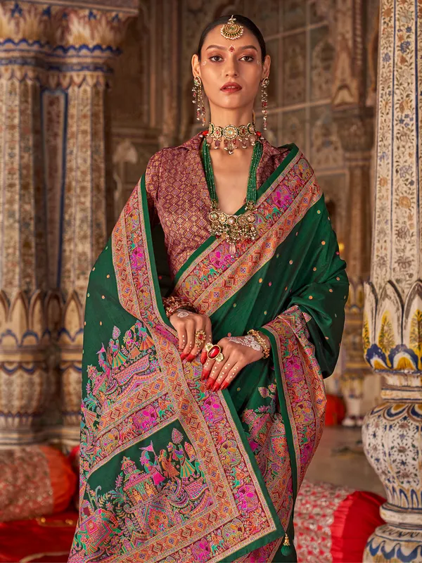 Green silk printed zari worked zari