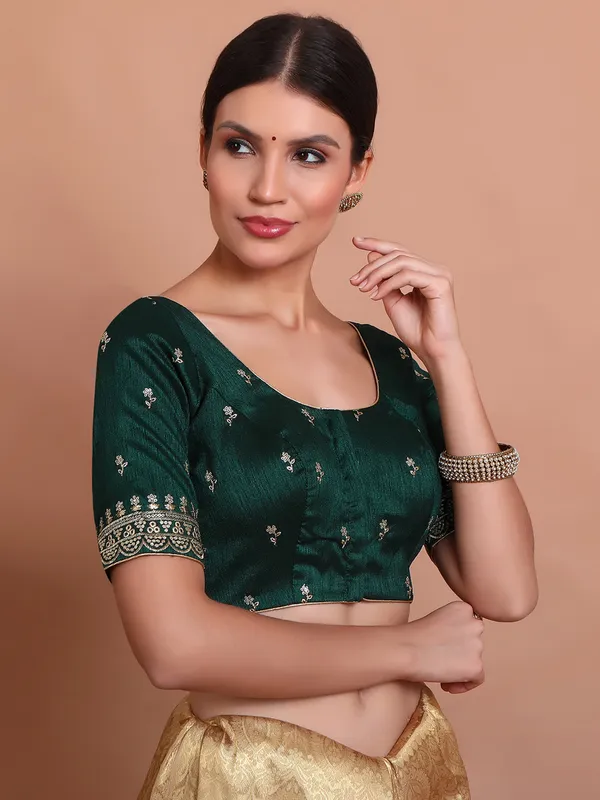 Green silk round neck blouse with sequin work