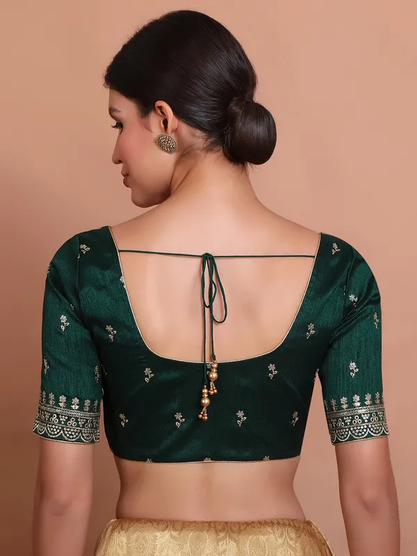 Green silk round neck blouse with sequin work