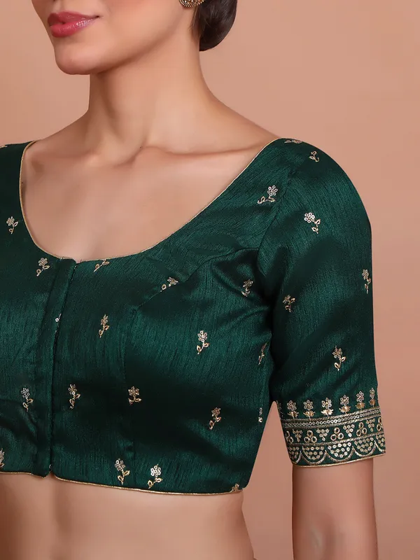 Green silk round neck blouse with sequin work