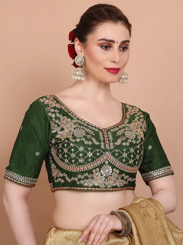Green silk round neck embroidered ready made blouse