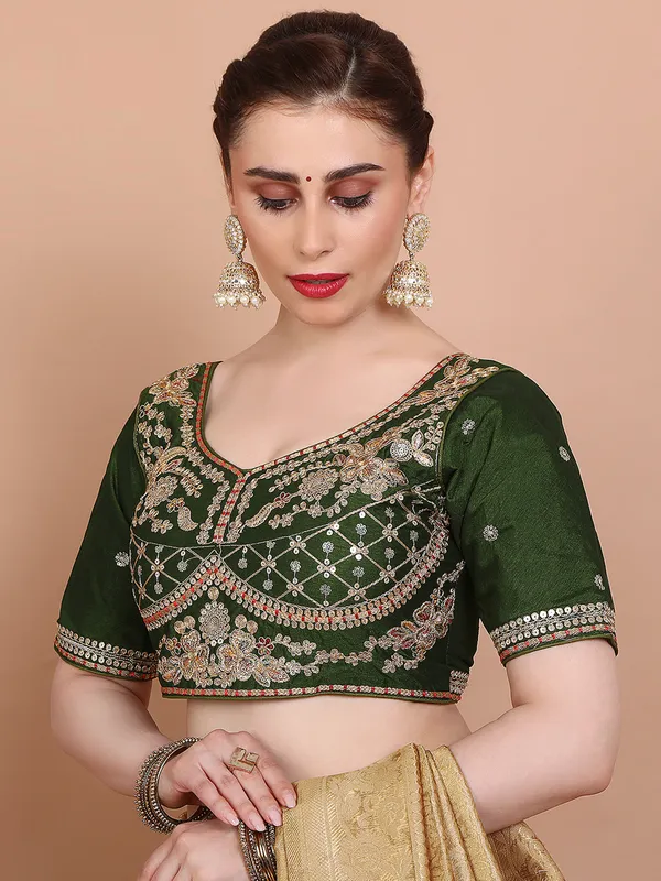 Green silk round neck embroidered ready made blouse