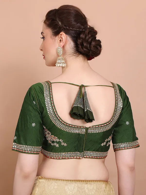 Green silk round neck embroidered ready made blouse
