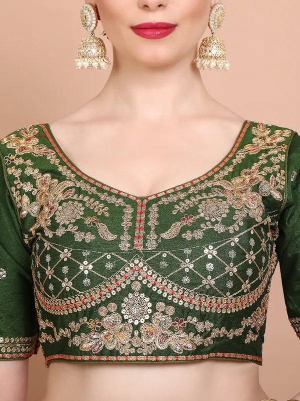 Green silk round neck embroidered ready made blouse