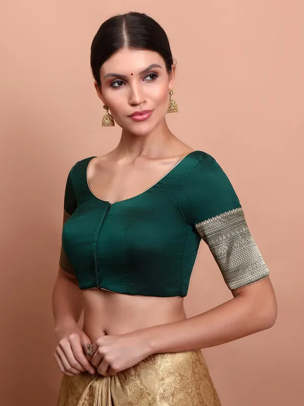 Green silk round neck ready made blouse with zari work