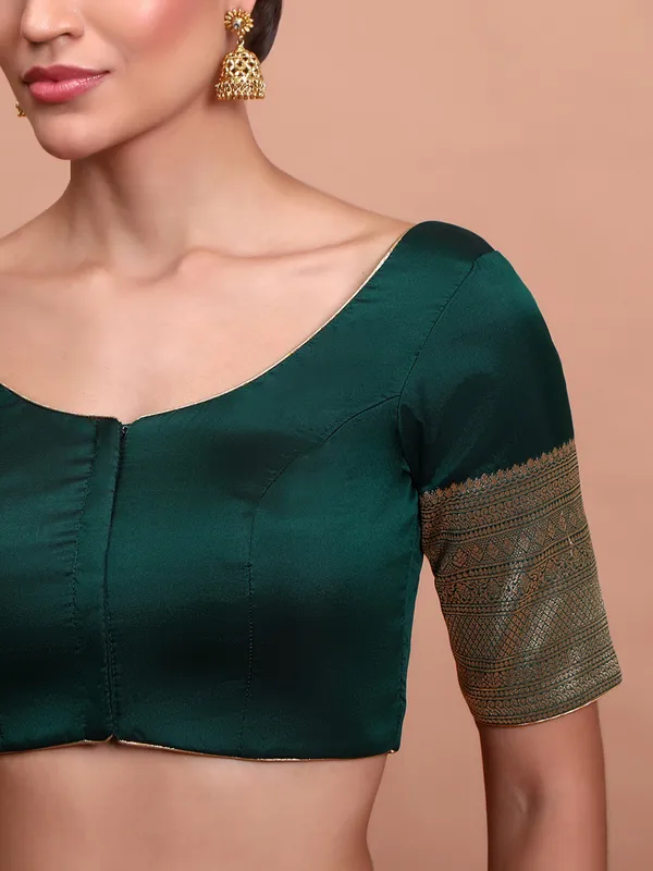 Green silk round neck ready made blouse with zari work